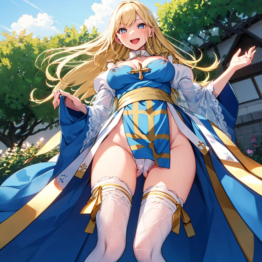Texture CG,((Ultra Detail Art)),((master piece)),(extremely details CG),1girl,solo,ragnarokarch,nsfw,(clothes pull,wedgie,front_wedgie),gal,gyaru,beautiful breasts,slim body,slim legs,collarbones,slim and smooth lines,slim waist,small butt,(nipple slip:1.2),(from below:1.3),(ass visible through thighs),(panty shot),wind lift,pelvic curtain lift,((highleg panties,cameltoe,thong,white panties)),(White Puff Sleeves,white thigh thighs,Gold Sash,White blue dress from neck to chest,cleavage cutout,Long blue skirt with slit),((over the knee length pelvic curtain)),(Blue Wide Sleeve,(Blue Dress wedgie Front)),long hair,golden blonde hair,Curve,Beautiful detailed eyes ,gleaming skin,open mouth,smile,outsides,clear sky,in summer,windy,garden,