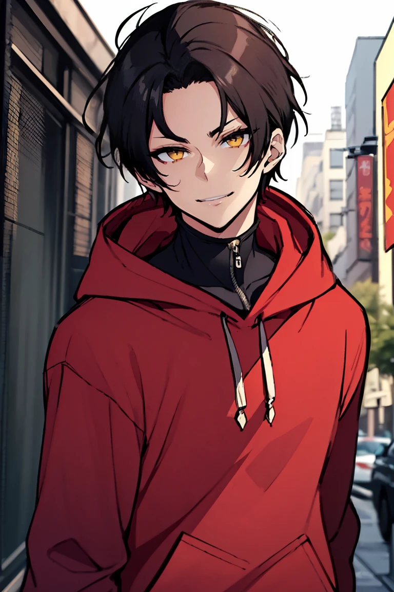 hui xiyi, rekkyou sensen, rekkyo sensen, black hair, yellow eyes, boy, male, hoodies, (red hoodies:1.25)