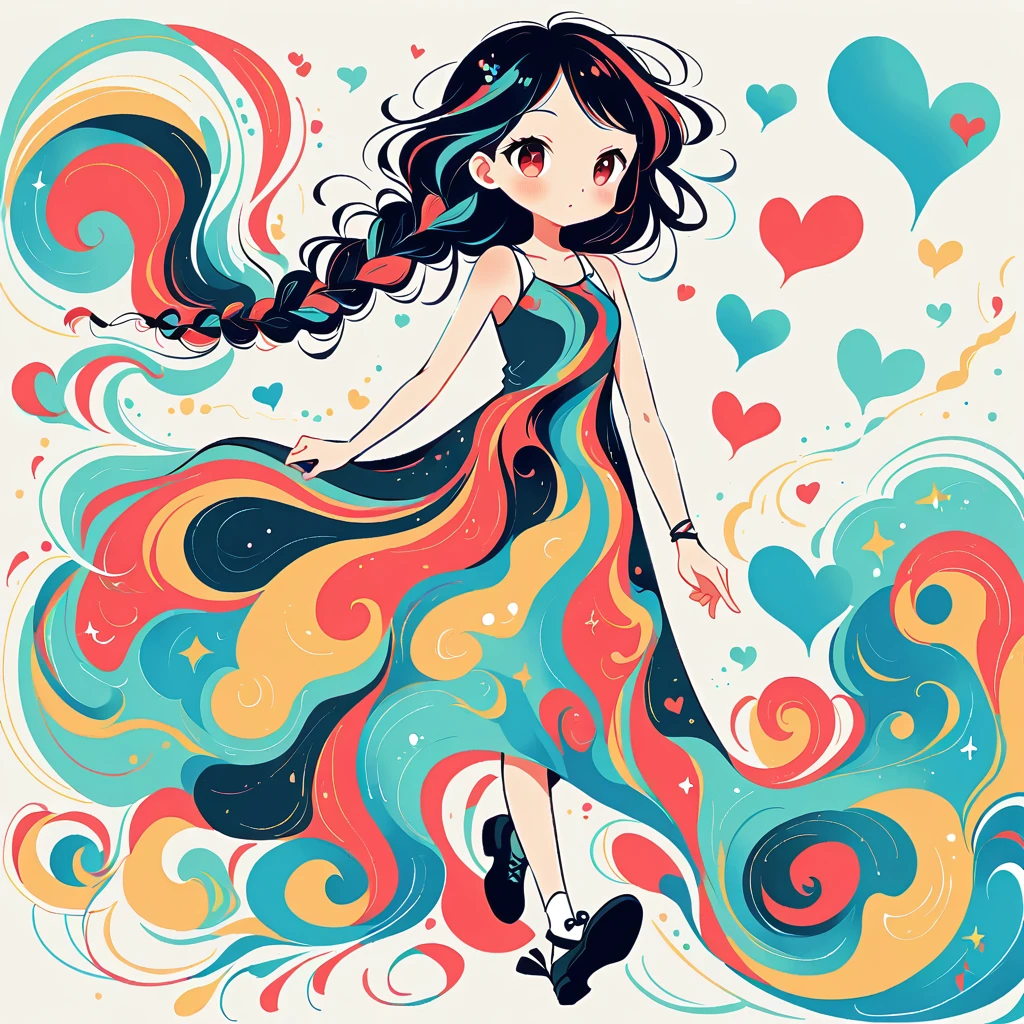 Black Star Red and White style, Simple Line Initialism,Abstract art,Urban Background, colorful hearts ,(((The most beautiful girl of all time))), walking with Cute amoeba