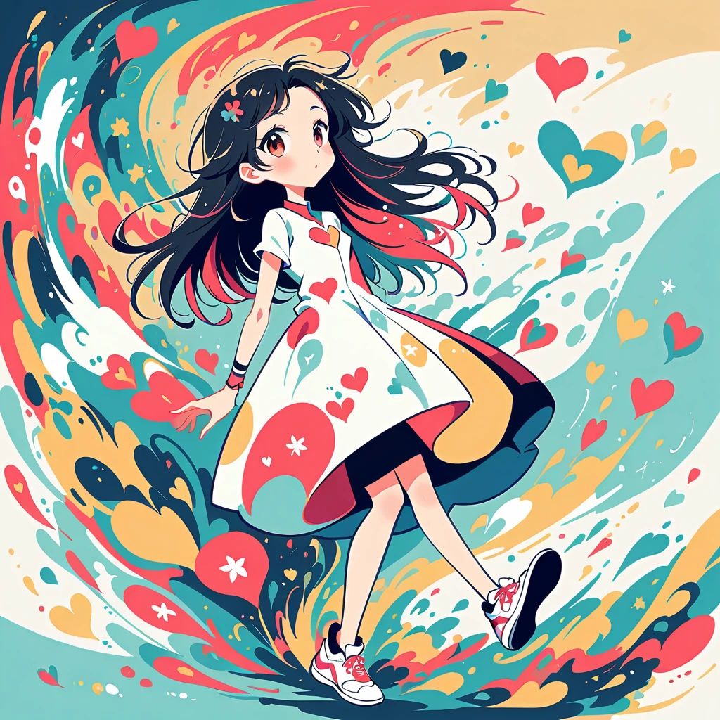Black Star Red and White style, Simple Line Initialism,Abstract art,Urban Background, colorful hearts ,(((The most beautiful girl of all time))), walking with Cute amoeba
