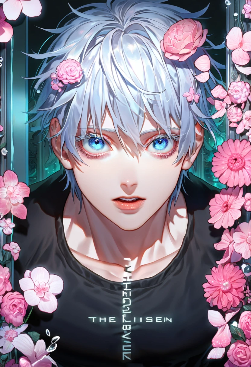 Absurd, High resolution, Super detailed, High resolution, masterpiece, Highest quality, gojou satora, Gray Hair, Expressive blue eyes, White eyelashes, JUJUTSU KAİSEN, Black tight t-shirt, alone, Sexy man, good looking, Fantasy, The Shining, water, Pink Flower, Pink Flower, Pink butterfly, Pink Flowerびら