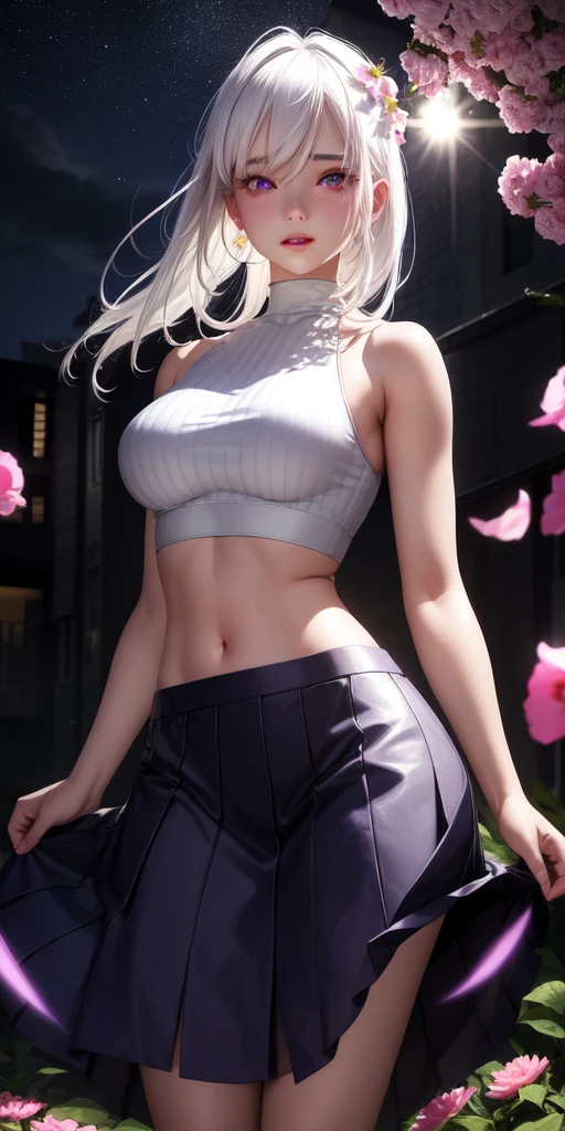 realistic, 1girl, white hair, purple eyes, glowing eyes, crop top, skirt, parted lips, blush, night, flowers, sun, sunlight,
