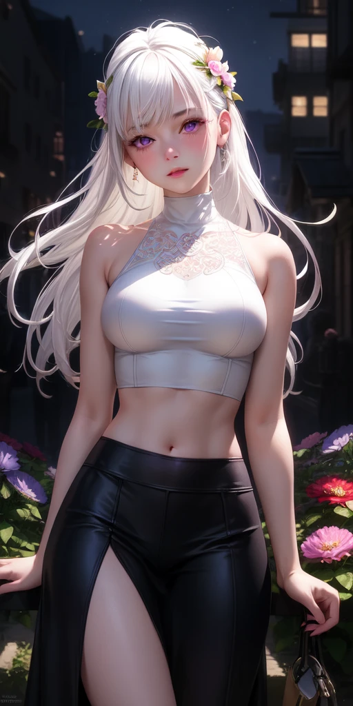 realistic, 1girl, white hair, purple eyes, glowing eyes, crop top, skirt, parted lips, blush, night, flowers, sun, sunlight,