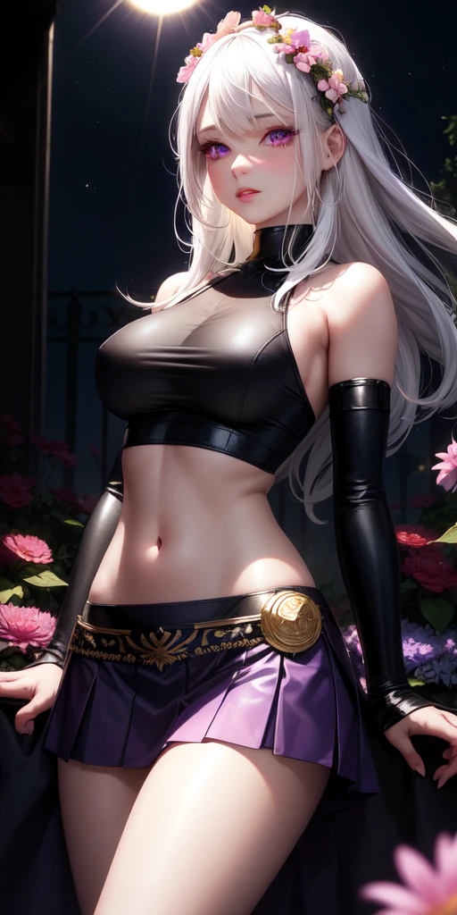 realistic, 1girl, white hair, purple eyes, glowing eyes, crop top, skirt, parted lips, blush, night, flowers, sun, sunlight,