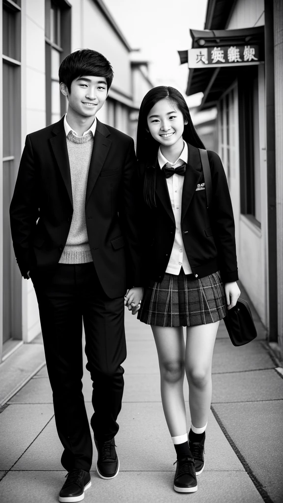 Couple,high school student,Japanese,Black and white photography,young