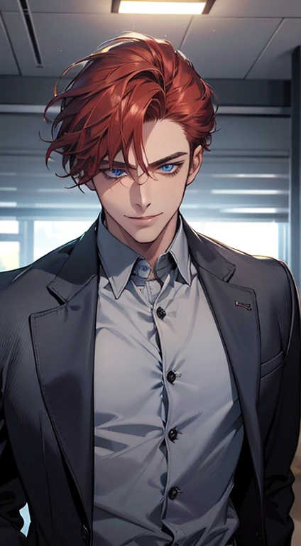 (best quality, masterpiece, 8K, photorealistic, cinematic lighting, hdr image, ultra detailed, beautiful image), a mature man, very handsome, smile, short grey red hair, blue eyes, perfect face without errors, ((buttoning the jacket, CEO))