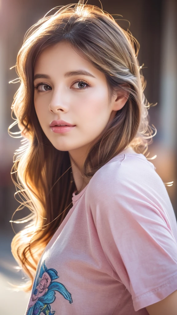 (Best Quality, 4k, 8k, Hi-Res, Masterpiece: 1.2), Super Detailed, (Realistic, Photorealistic, Photorealistic: 1.37), Portrait, Illustration, Soft Colors, Soft Lighting, Beautiful Detailed Eyes, Beautiful Details lips, long eyelashes, expressive face, casual clothes, flowing hair, pink pig, T-shirt, city, breeze