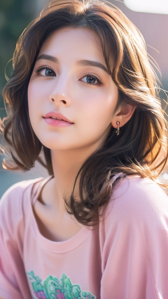 (Best Quality, 4k, 8k, Hi-Res, Masterpiece: 1.2), Super Detailed, (Realistic, Photorealistic, Photorealistic: 1.37), Portrait, Illustration, Soft Colors, Soft Lighting, Beautiful Detailed Eyes, Beautiful Details lips, long eyelashes, expressive face, casual clothes, flowing hair, pink pig, T-shirt, city, breeze