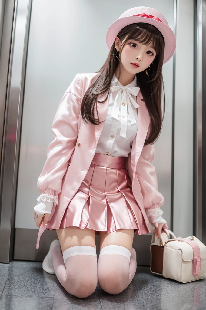 Highest quality、Elevator Girl、A short pink jacket made of shiny silk、White blouse with ribbon、Very short tight skirt、Micro Mini Skirt、A small round hat with a ribbon、Skinny、White gloves、White over-the-knee socks、Red cheeks、Embarrassed look、Sit on the floor facing the front、Face straight
