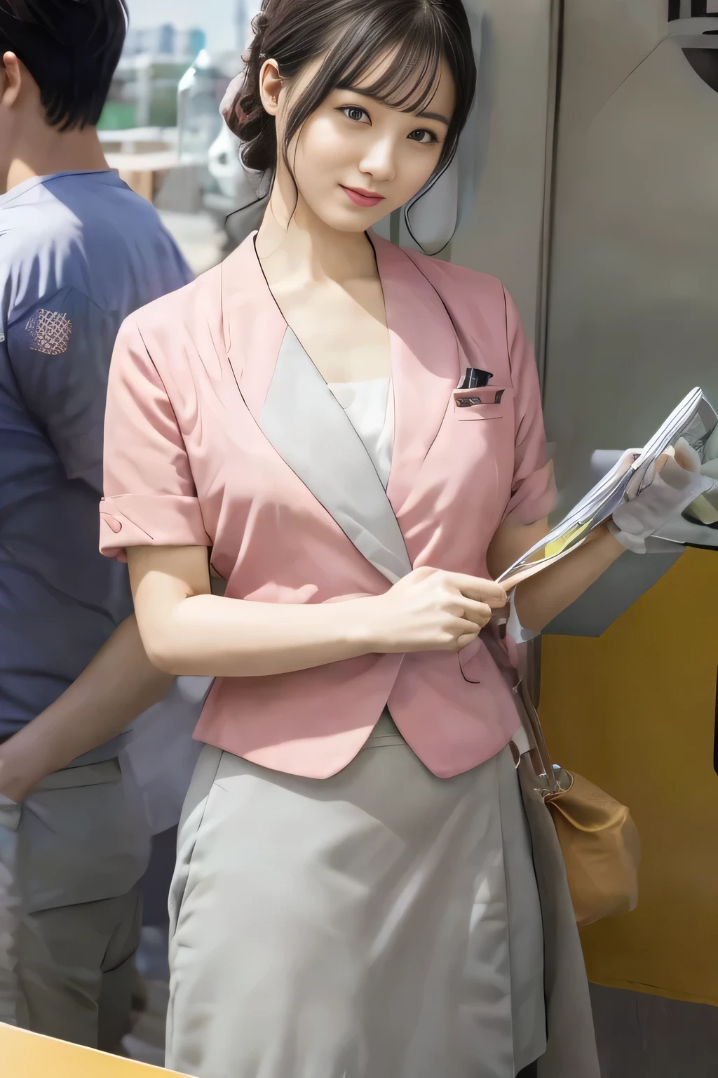 (masterpiece:1.2, Highest quality:1.2), 32k HDR, High resolution, (alone、1 girl)、 (Height: 160cm)、(On the rooftop of a building in the daytime、Professional Lighting)、Building rooftop background、(Nankai train crew uniform pinkを着たリアルスタイル)、(Nankai train crew uniform pink short sleeve collarless pink jacket、Nankai Train Crew Uniform Pink Collarless Short Sleeve Blouse、Nankai Train Crew Uniform Pink Grey Knee-length Culottes)、(The pink jacket is showing from the culottes.)、Dark brown hair、(Hair tied up、Hair tied up、Evening curly hairstyle)、Dark brown hair、Long Shot、Big Breasts、Thin legs、((Great hands:2.0)),((Harmonious body proportions:1.5)),((Normal limbs:2.0)),((Normal finger:2.0)),((Delicate eyes:2.0)),((Normal eyes:2.0)))、smile、(Nankai Train Crew Uniform Pink Grey Knee-length Culottesを見せた美しい歩く姿)、Place your hands around your stomach、Lanyard employee ID card