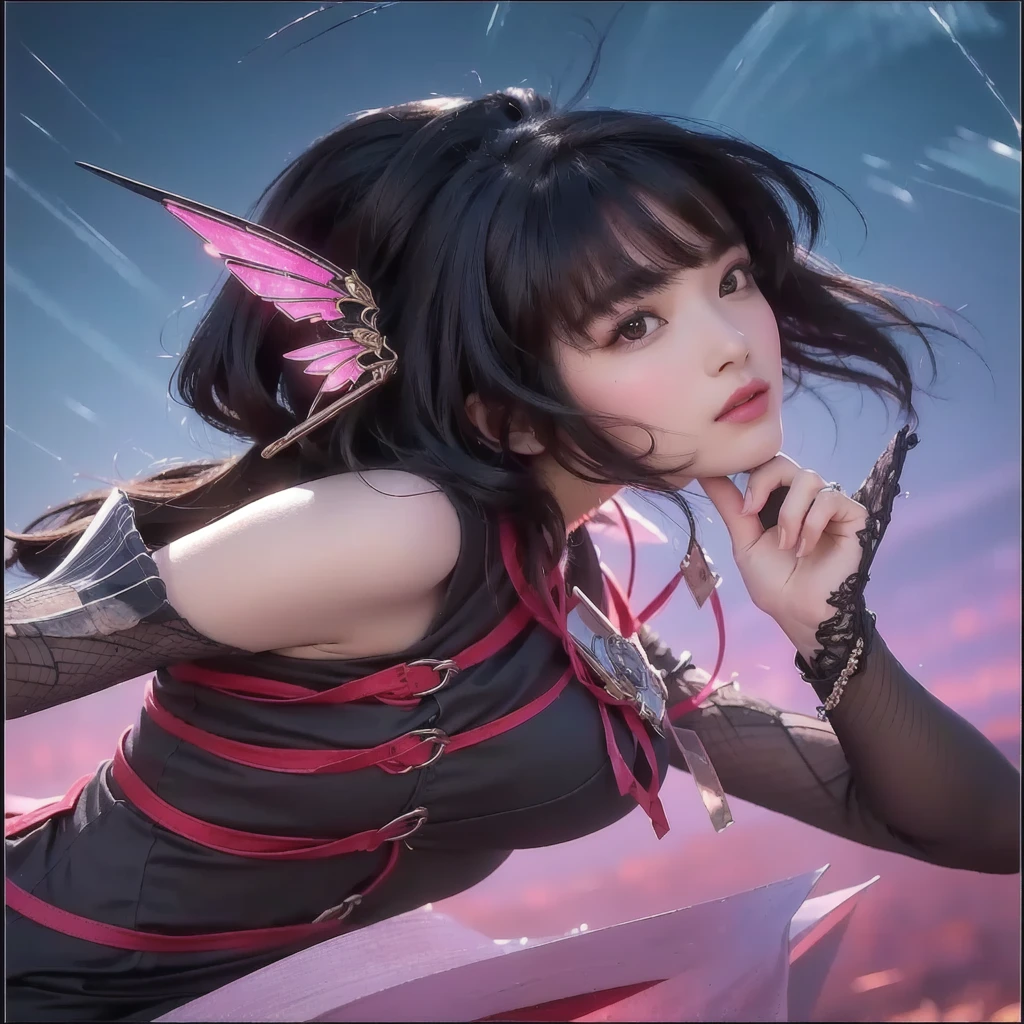 A girl with black hair and pink wings posing for a picture, extremely detailed, Hair like in the example, realistic
