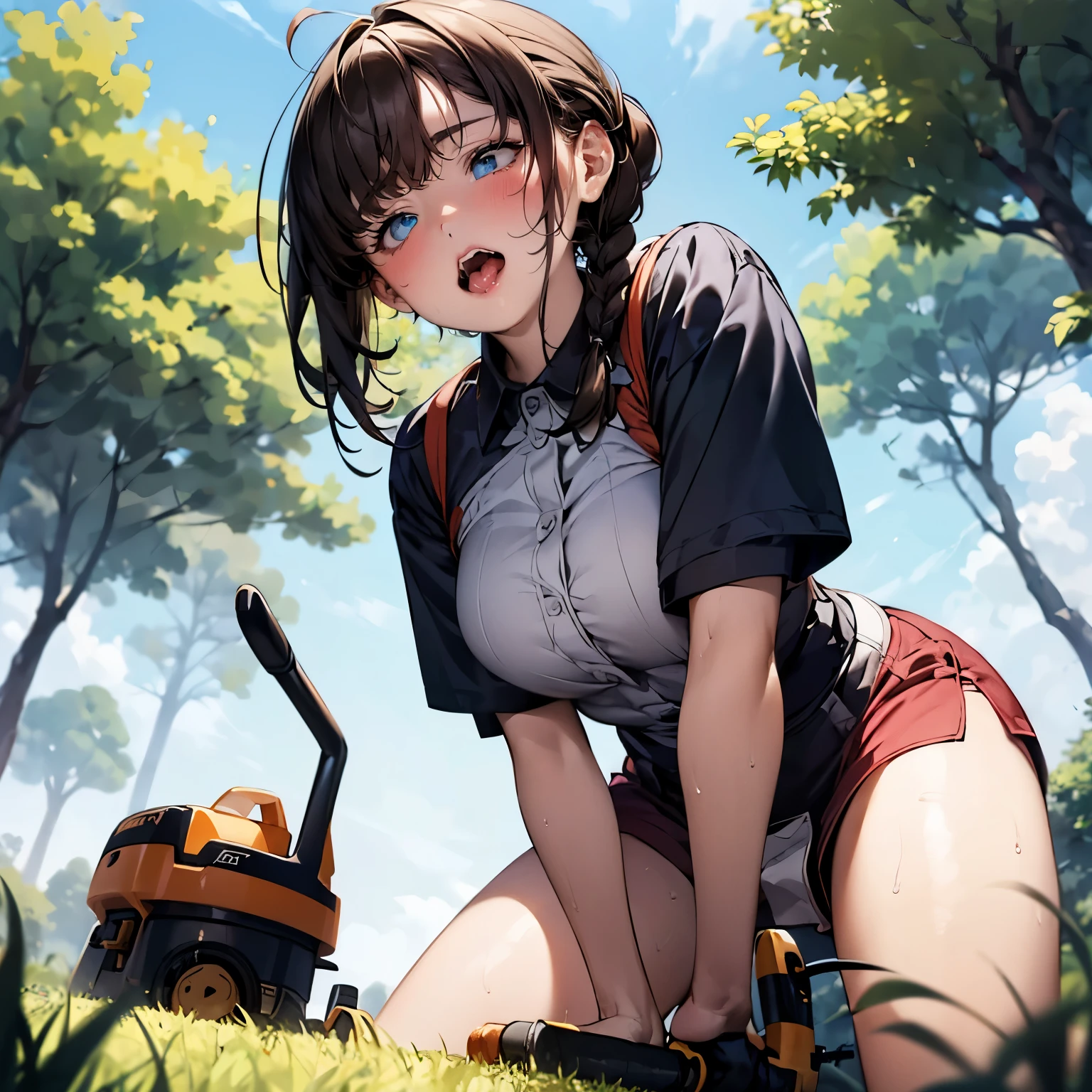 (((round face))), drooping eyes, shame, a young housewife, (focus on her face, lewd girl, casual clothes, long-skirt), (((straddling to hit her crotch area from over clothes against a vibrating grass trimmer handle))), tongue, in the garden, trees, sky, angle from below, sneakers, buildings, braid