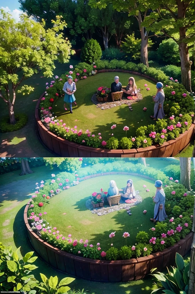 create scenery of a garden full of people