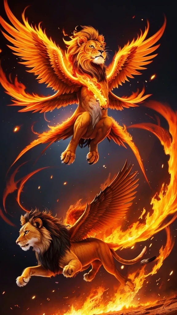 A fusion of a lion and a phoenix、Face1t、With flames all over its body, it flies with its wings、No hands, but wings、Full body photo、cool、Use more effects、