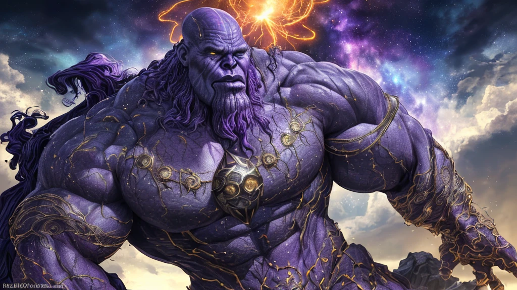 a majestic powerful thanos from marvel universe, the ultimate god of gods, radiating cosmic energy and supreme authority, awe-inspiring presence, towering over the universe, unmatched strength divine magnitude, extremely detailed face, hyperrealistic, cinematic lighting, dramatic chiaroscuro, epic scale, moody dramatic colors, glowing cosmic energy, godlike power, penetrating gaze, jaw-dropping, (best quality,4k,8k,highres,masterpiece:1.2),ultra-detailed,(realistic,photorealistic,photo-realistic:1.37)