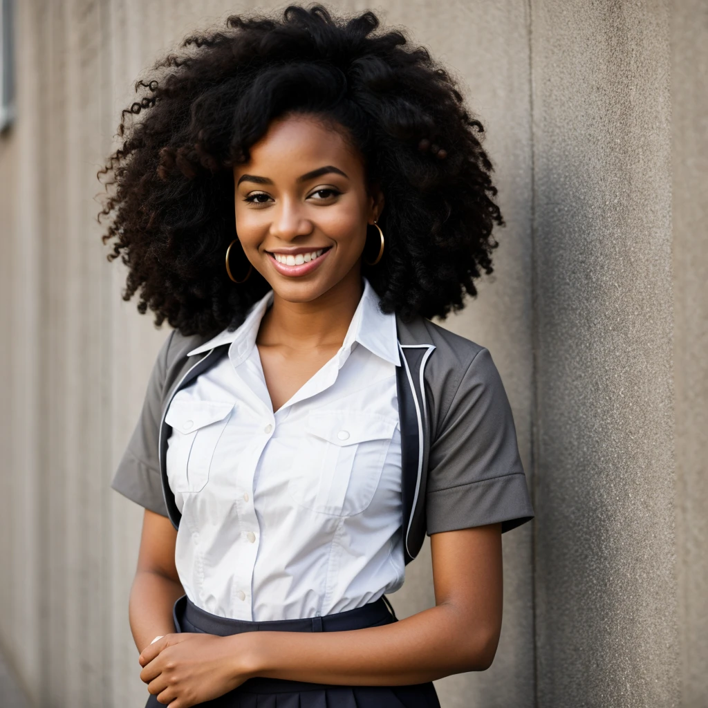Afroamerican woman happy with uniform business, background grey

