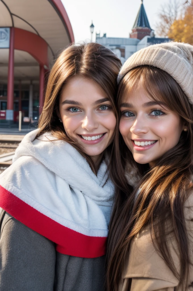 Professional photograph, best quality, 8K, hyper detailed, half body, A close up portrait of two friends posing for the camera, an argentinian male who has medium long dark brown hair and a russian female who has light brown hair, the both of them are wearing winter outfits, Both are nice people from Argentina and Russia, who share a true and beautiful friendship between a male and female, and who are united. They're glad, smiling and enjoying a day at park in winter. They pose gladly for the camera. Railway station at background.