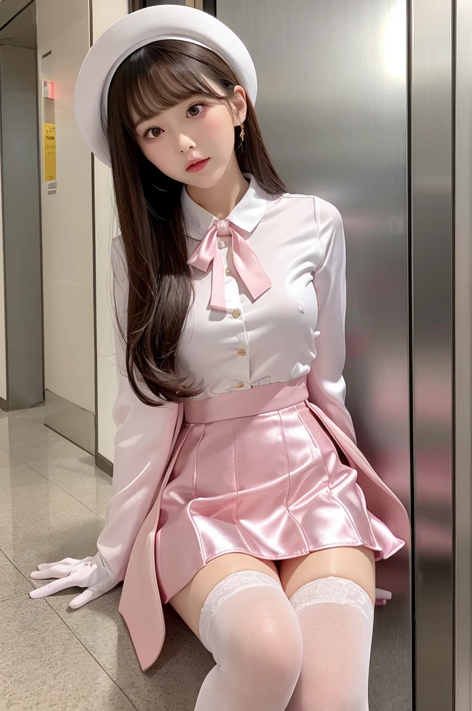 Highest quality、Elevator Girl、A short, tight-fitting pink jacket made of shiny silk、White blouse with ribbon、Very short tight skirt、Micro Mini Skirt、A small round hat with a ribbon、Skinny、White gloves、White over-the-knee socks、Red cheeks、Embarrassed look、Sit on the floor facing the front、Face straight