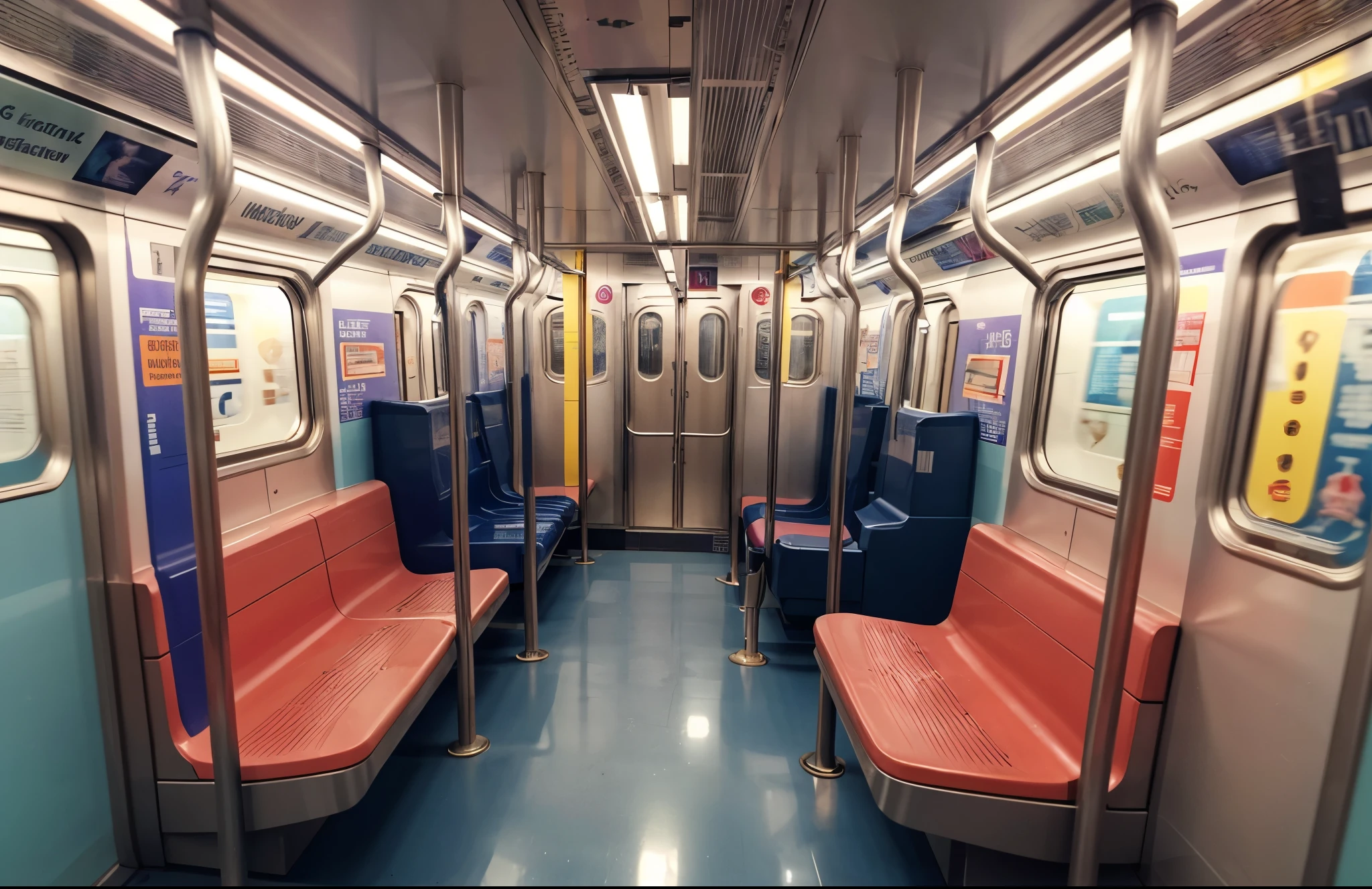 inside subway train, made from synthetic rubber, intricate modern subway interior design, cozy purple seat, science fantasy,