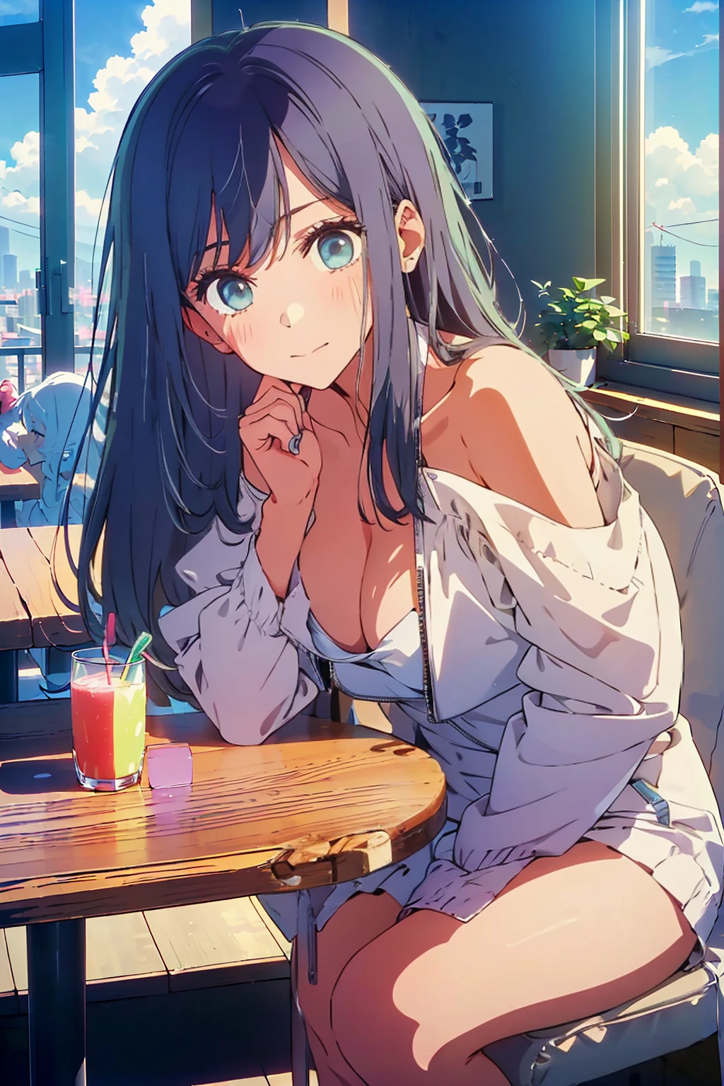 (Highest quality:1.4、8K:1.4、detailed)、F cup bust、Big Breasts、Slim body、Very white beautiful skin、((((1 person、smile、Surprised expression、sit、Chair、 the background are the urban buildings of Tokyo、looking at the camera、Indoor cafe terrace、Navy hair color、Straight Long Hair、juice、table、Shooting up close、Shooting from an angle、Very cute face))))、(Touching cheeks with both hands pose:1.4)、(((Off-the-shoulder zip-up jacket、nude、Areola)))、Nipples、Very blue sky、A completely cloudless sky