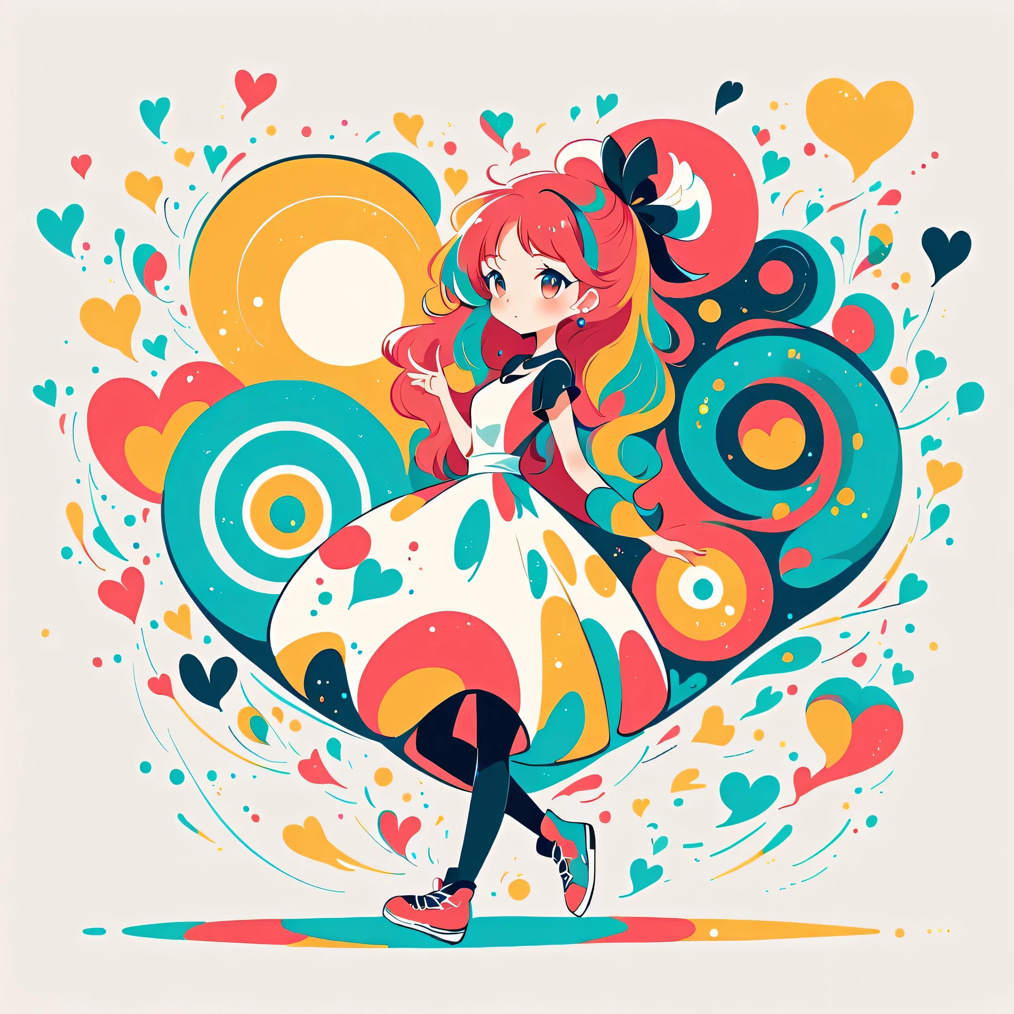 Black Star Red and White style, Simple Line Initialism,Abstract art,Urban Background, colorful hearts ,(((The most beautiful girl of all time))), walking with Cute amoeba