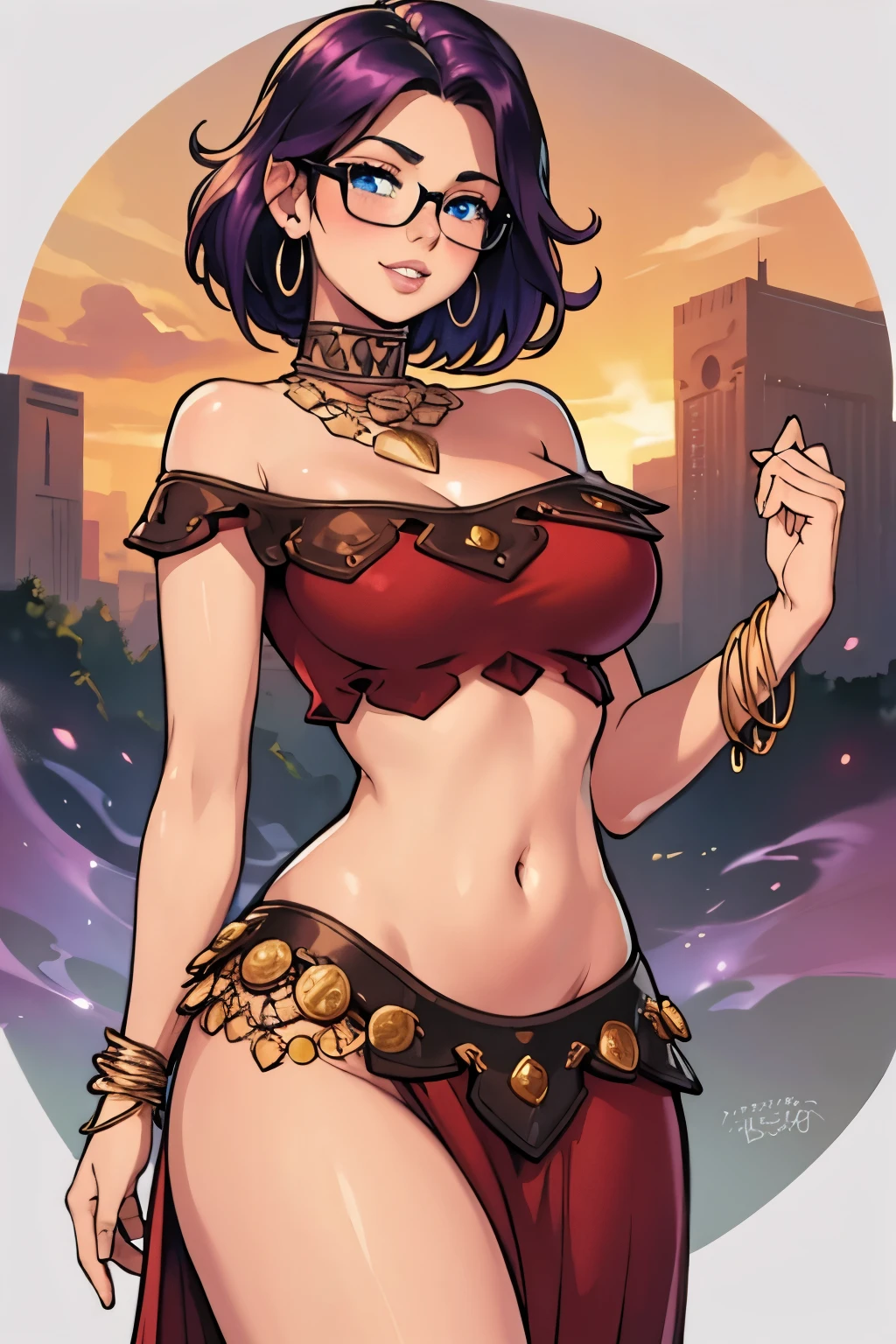 Beautiful young teenager, 1girl, purple hair, blue eyes, extremely short hair, freckles on face, happy, smiling, blushing, thin frame eyeglasses, thick lips, full lips, huge breasts, extreme cleavage, deep cleavage, very thin body, belly dancer outfit, midriff, lots of jewlery, choker, perfect anatomy, smokey bar background, detailed background, ultra-detailed, 4k, 8k, best quality, masterpiece