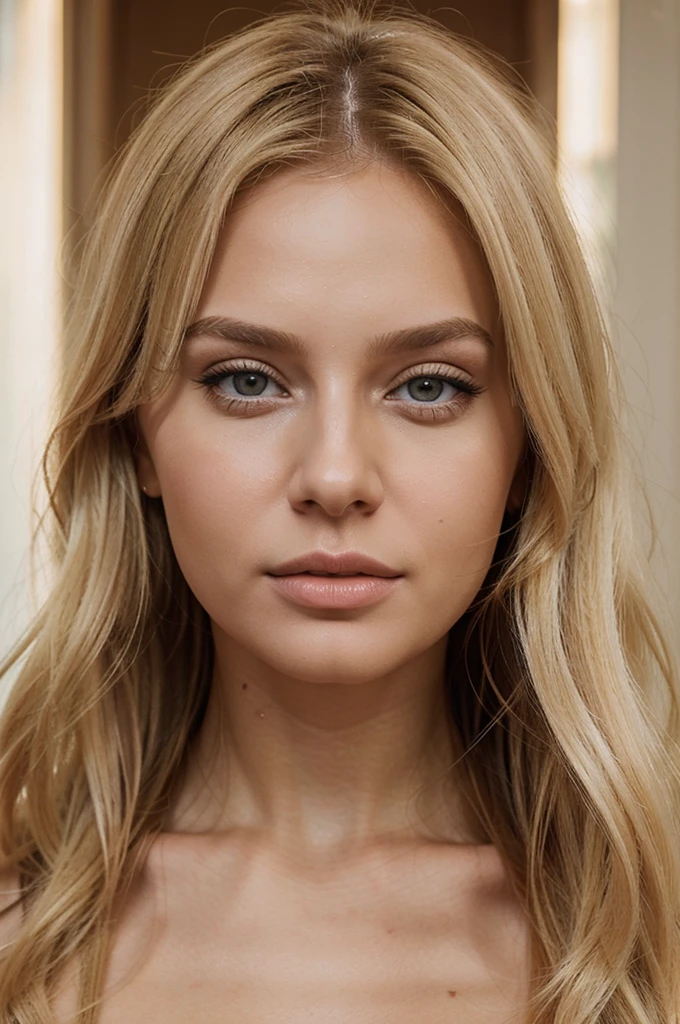 A realistic photo of a beautiful rusian woman,Blonde hair,crop,influencer on Instagram