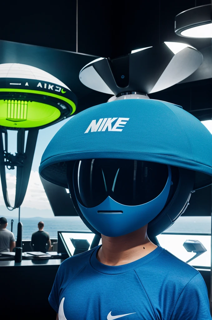 An alien wearing a Nike branded tshirt and standing in front of a ufo wearing a cooling glass