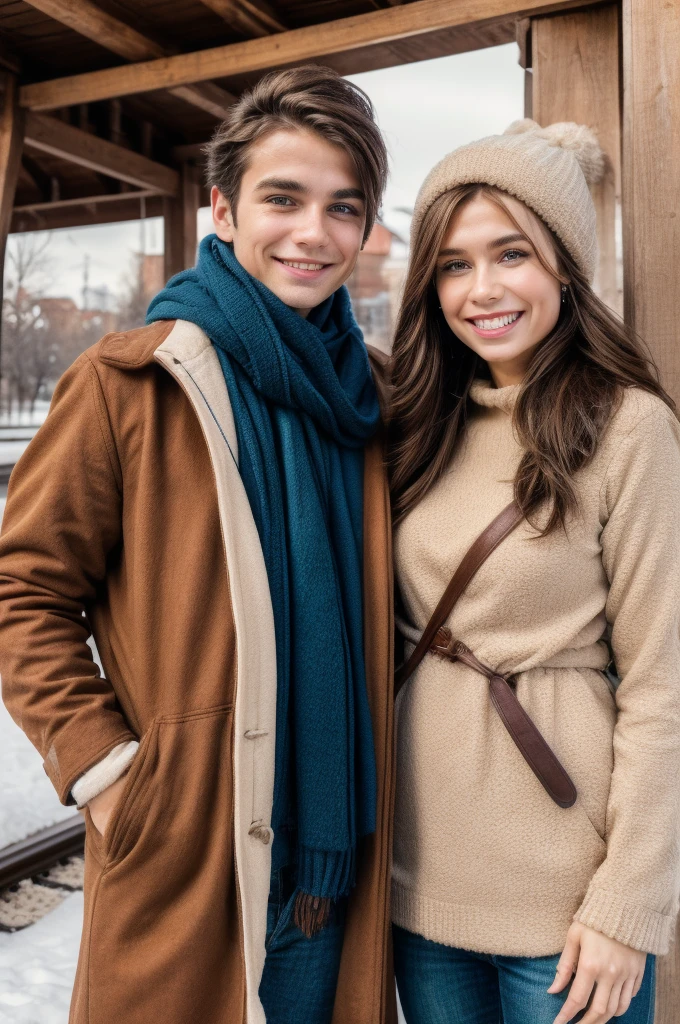 Professional photograph, best quality, 8K, hyper detailed, half body, A close up portrait of two friends posing for the camera, an argentinian male who has dark brown hair and a russian female who has light brown hair, the both of them are wearing winter outfits, Both are nice people from Argentina and Russia, who share a true and beautiful friendship between a male and female, and who are united. They're glad, smiling and enjoying a day at park in winter. They pose gladly for the camera. Railway station at background.