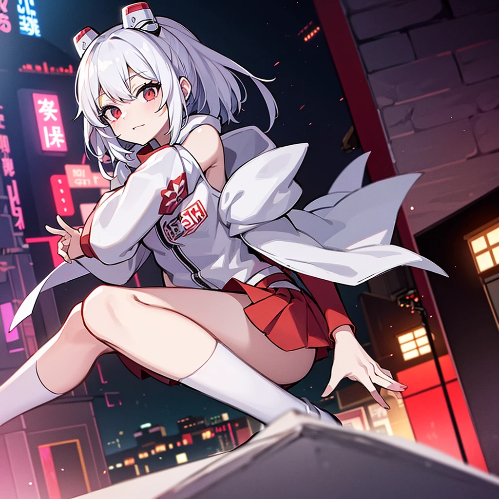 White-haired anime girl in a red jacket posing in front of a building, Anime style 4 k, Cyberpunk anime girl wearing a hoodie, Azur route style, Popular on cgstation, Bad guy anime 8k, best anime 4k konachan wallpaper, Anime style. 8K, Popular on cgstation内容, 4k anime wallpaper, Digital Cyberpunk Anime Art, Anime Wallpaper 4K