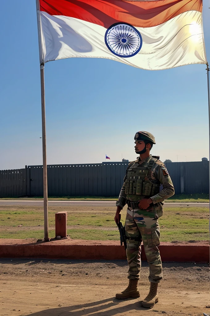 **A soldier standing guard at the border with the flag flying behind:**
"Show an Indian soldier standing vigilantly at the border, with the Indian flag flying high behind him. The soldier’s stance is strong and alert, symbolizing the unwavering defense of the nation."