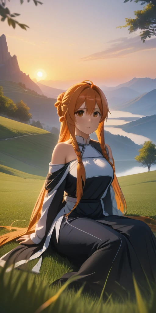 score_9, score_8_up, score_7_up, score_6_up, uncensored, Asuna Yuuki long hair, orange hair, fold hair, braid, orange eyes, breasts, epic art, fantasy, 1girl, grass, solo, barefoot, sitting, breasts, mountain, sunset, dress, bare_shoulders, outdoors, looking_at_viewer, off_shoulder, field, sky, lake, collarbone, mountainous_horizon, indian_style, twilight, tree, black_dress, large_breasts, scenery, medium_breasts, feet, off-shoulder_dress, (bokeh:1.3), rock,