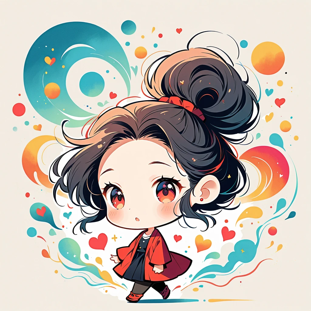 Black Star Red and White style, Simple Line Initialism，Abstract art，Urban Background, colorful hearts ,(((The most beautiful girl of all time))), (((chibi))), walking with Cute amoeba