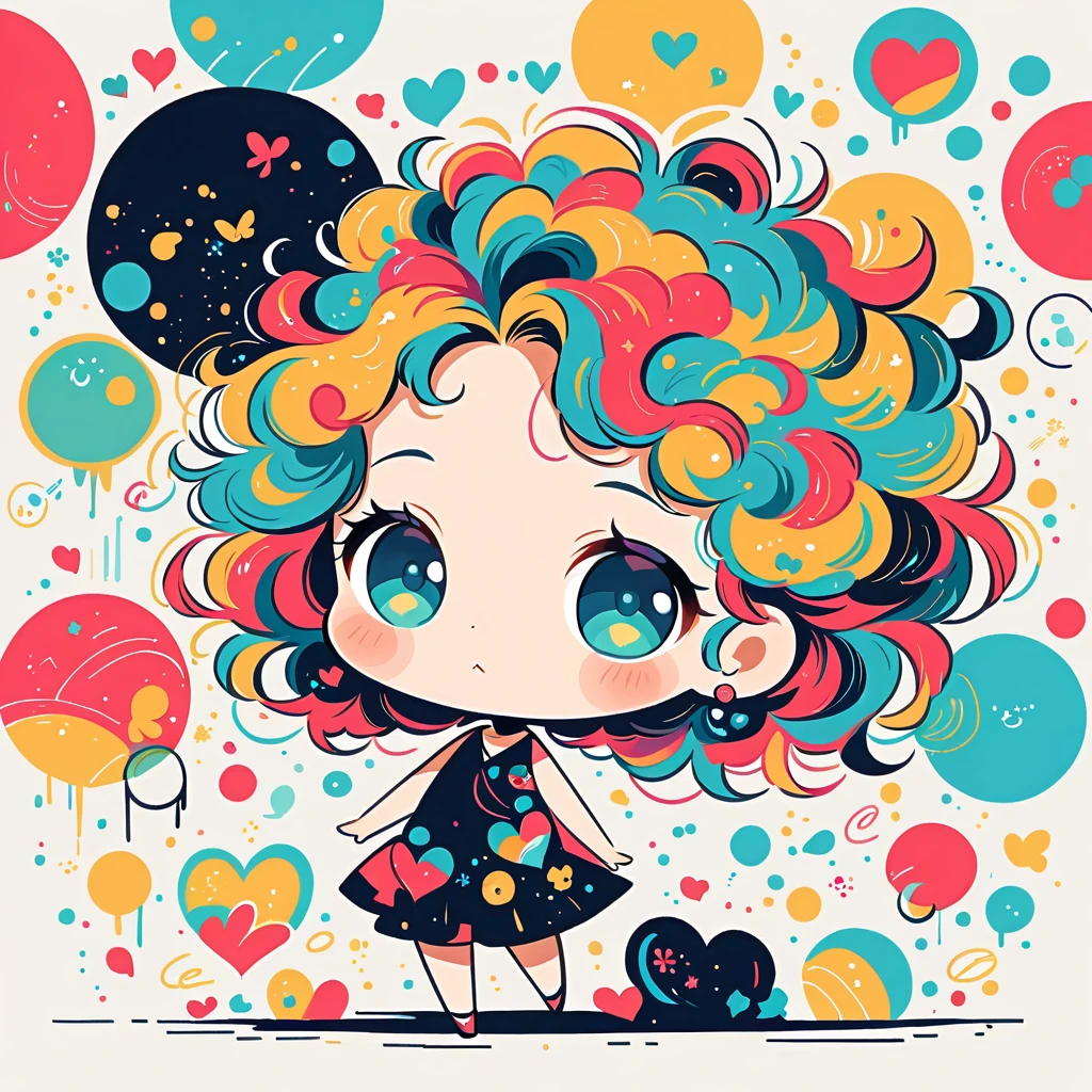 Black Star Red and White style, Simple Line Initialism,Abstract art,Urban Background, colorful hearts ,(((The most beautiful girl of all time))), (((chibi))), walking with Cute amoeba