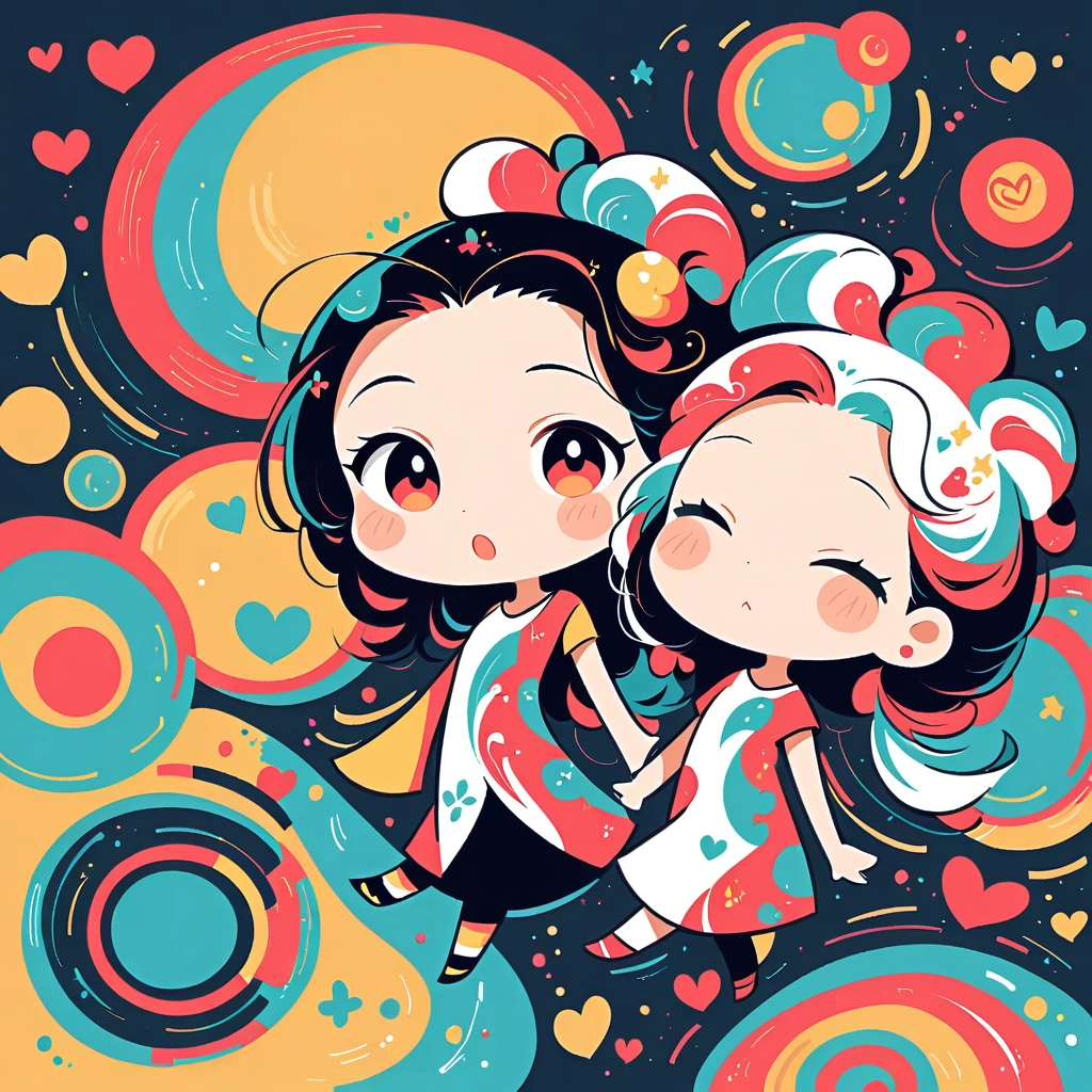 Black Star Red and White style, Simple Line Initialism,Abstract art,Urban Background, colorful hearts ,(((The most beautiful girl of all time))), (((chibi))), walking with Cute amoeba