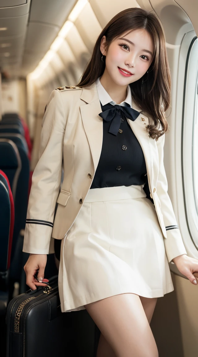 ​highest quality、table top、8k、best image quality、Award-winning work)、one beautiful woman、radiant beautiful skin , masterpiece、top-quality、The ultra -The high-definition、depth of fields、lens flare 1 girl、、brown hair, watching at  viewers glares, large breasts , stewardess uniform, (ivory stewardess blazer:1.2),   short ivory skirt, (white ysl high heels), perfect legs, model pose,  view from below, smiling , flight cabin