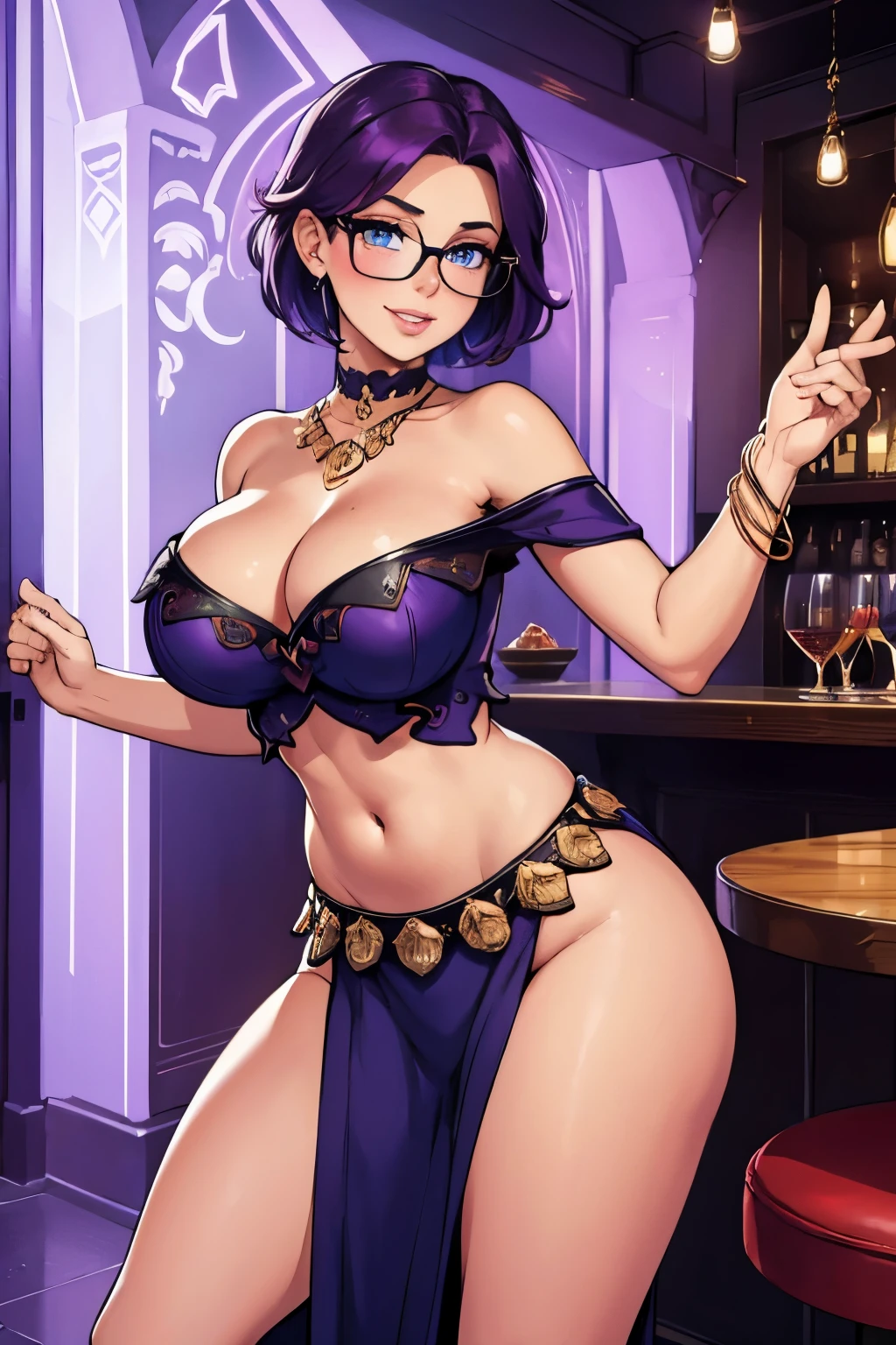 Beautiful young teenager, 1girl, purple hair, blue eyes, extremely short hair, freckles on face, happy, smiling, blushing, thin frame eyeglasses, thick lips, full lips, huge breasts, extreme cleavage, deep cleavage, very thin body, belly dancer outfit, midriff, high heel sandals, lots of jewlery, choker, perfect anatomy, bar interior background, detailed background, ultra-detailed, 4k, 8k, best quality, masterpiece, dancing