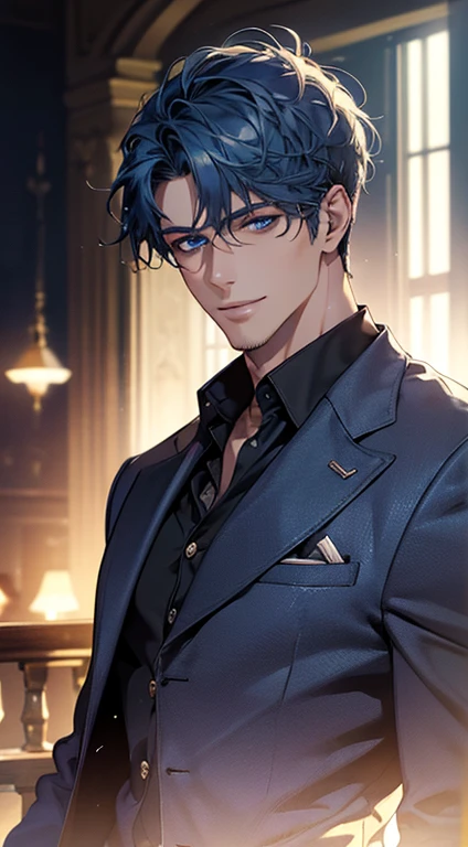 (best quality, masterpiece, 8K, photorealistic, cinematic lighting, hdr image, ultra detailed, beautiful image), a mature man, very handsome, smile, short blue hair, blue eyes, perfect face without errors, ((buttoning the jacket, CEO))