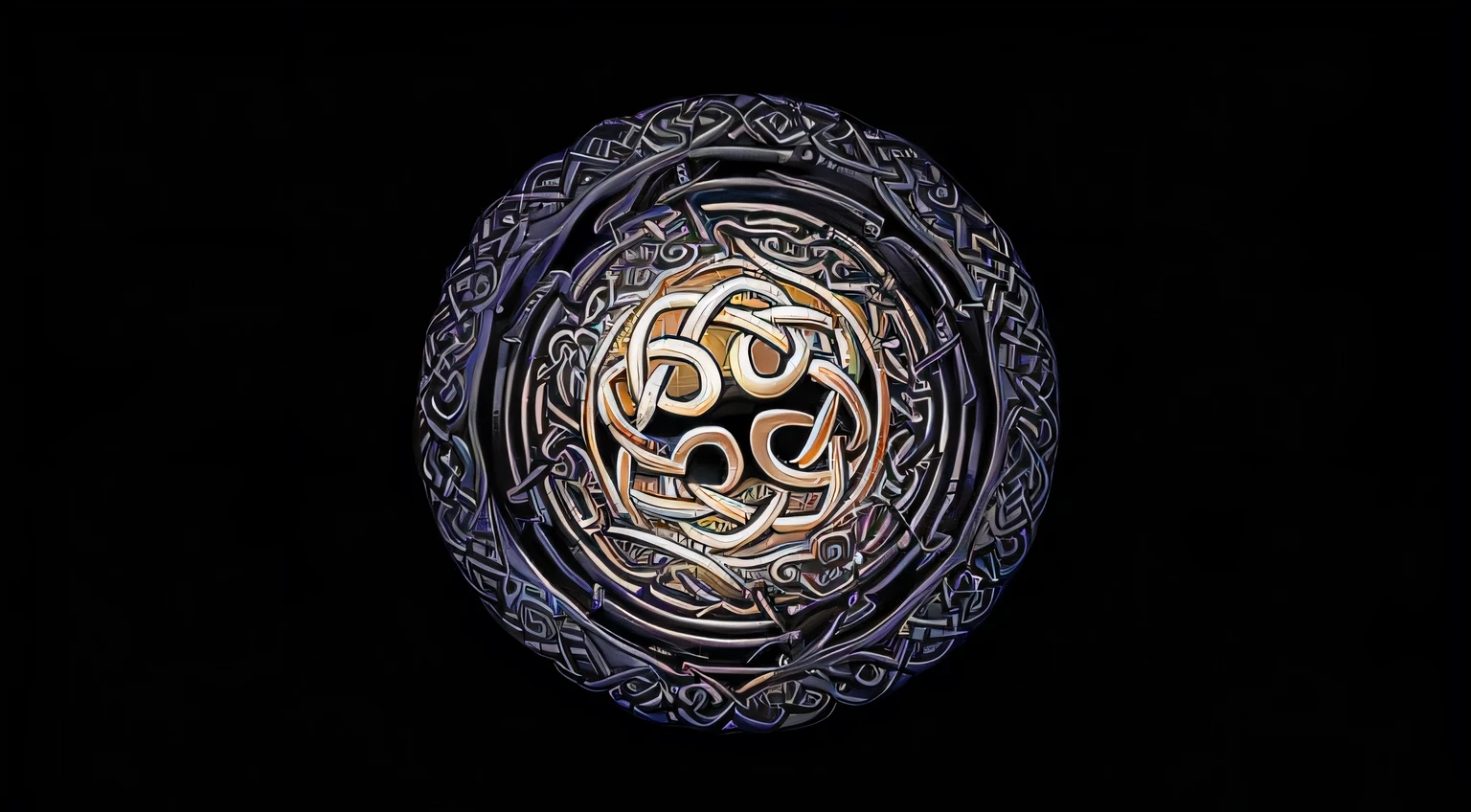 a close up of a circular design with a black background, celtic art style, celtic art, celtic knot, celtic symbols, celtic knots, 3 d celtic knot, crystaline celtic, celtic fantasy art, celtic designs, celtic golden symbols, dark but detailed digital art, celtic culture, celtic norse frankish, detailed digital artwork, intricate arcane wiccan designs