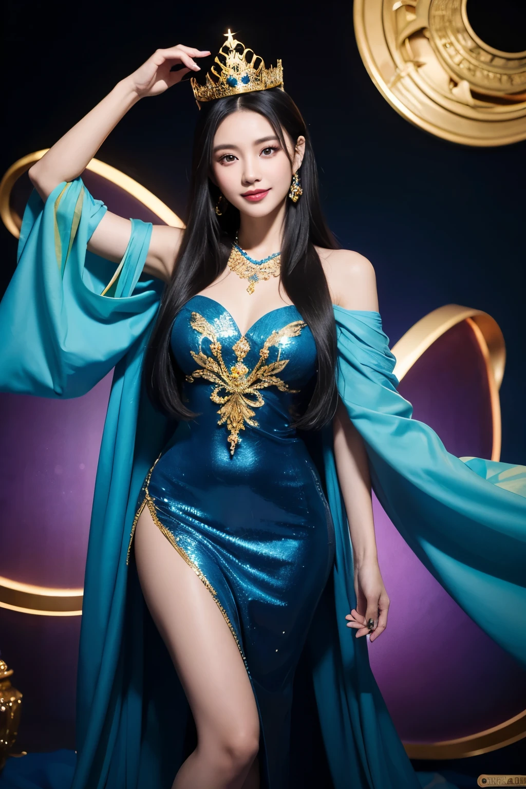 masterpiece, full body, hyper realistic a Vietnamese beautiful woman with long black hair and long legs attractive, she has big eyes and smile very attractive, exquisite makeup, ultra realistic face shape, she wearing a mix blue and gold dress with a crown full gems and jewerly and diamonds bright full colors on her head, the backdrop is a combination of abstract art and blue fantasy vivids, UHD, 8K
