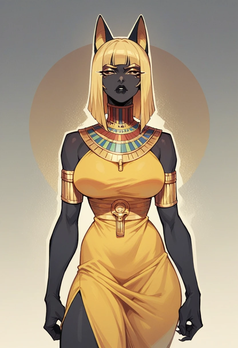 black buff strong woman character, tall woman, black skin, strong arms, long fringe hair, blonde hair, blonde fringe hair, feline eyes, scales in the arms, black lips, yellow dress, egypt hair