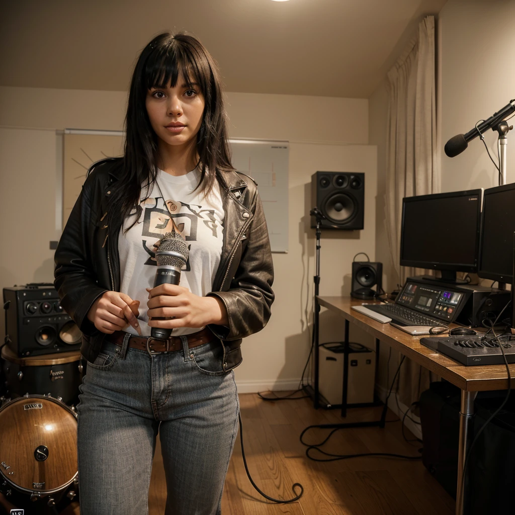 a tall woman, messy short medium black hair with bangs, brown eyes, rock n roll style, is standing in a cozy music studio, holding a vintage microphone. She is wearing a stylish black leather jacket over a white graphic tee, paired with high-waisted black jeans and ankle boots. Her black hair is loose with a messy fringe. The studio is warmly lit, with acoustic panels on the walls, a keyboard in the background, and a few music sheets scattered around. The expression on her face is one of intense focus and passion as she sings into the microphone. Camera Type: DSLR. Lens: 35mm f/1.8. Exposure Settings: ISO 400, f/2.2, 1/60s. Lighting: Warm ambient light with a soft spotlight on her. Composition: she is positioned slightly to the left of the center, with the microphone and her expression as the focal points. The warm lighting and music studio elements create an intimate and passionate atmosphere. detailed face, detailed hands, perfect hands.