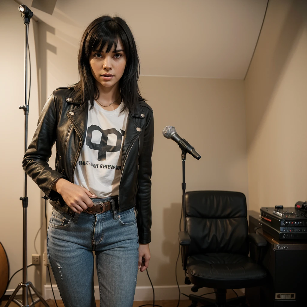 a tall woman, messy short medium black hair with bangs, brown eyes, rock n roll style, is standing in a cozy music studio, holding a vintage microphone. She is wearing a stylish black leather jacket over a white graphic tee, paired with high-waisted black jeans and ankle boots. Her black hair is loose with a messy fringe. The studio is warmly lit, with acoustic panels on the walls, a keyboard in the background, and a few music sheets scattered around. The expression on her face is one of intense focus and passion as she sings into the microphone. Camera Type: DSLR. Lens: 35mm f/1.8. Exposure Settings: ISO 400, f/2.2, 1/60s. Lighting: Warm ambient light with a soft spotlight on her. Composition: she is positioned slightly to the left of the center, with the microphone and her expression as the focal points. The warm lighting and music studio elements create an intimate and passionate atmosphere. detailed face, detailed hands, perfect hands.