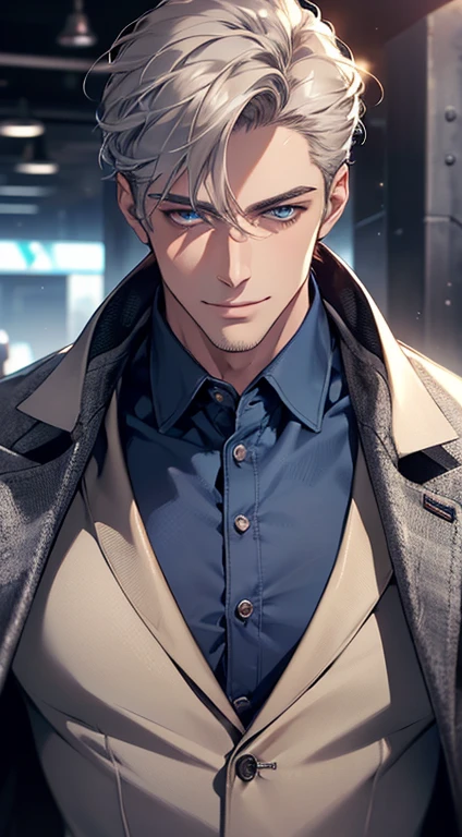 (best quality, masterpiece, 8K, photorealistic, cinematic lighting, hdr image, ultra detailed, beautiful image), a mature man, very handsome, smile, short grey hair, blue eyes, perfect face without errors, ((buttoning the jacket, CEO))