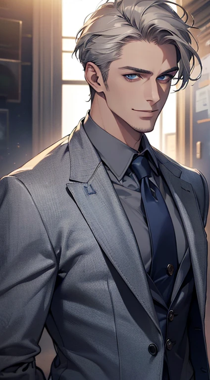 (best quality, masterpiece, 8K, photorealistic, cinematic lighting, hdr image, ultra detailed, beautiful image), a mature man, very handsome, smile, short grey hair, blue eyes, perfect face without errors, ((buttoning the jacket, CEO))