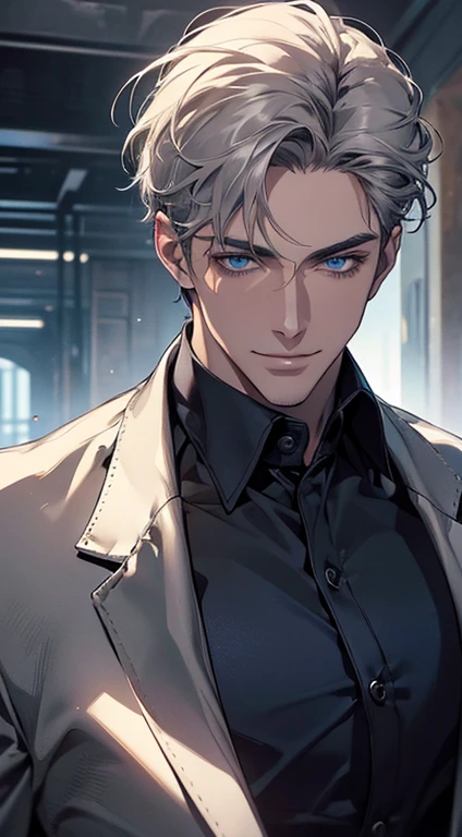 (best quality, masterpiece, 8K, photorealistic, cinematic lighting, hdr image, ultra detailed, beautiful image), a mature man, very handsome, smile, short grey hair, blue eyes, perfect face without errors, ((buttoning the jacket, CEO))
