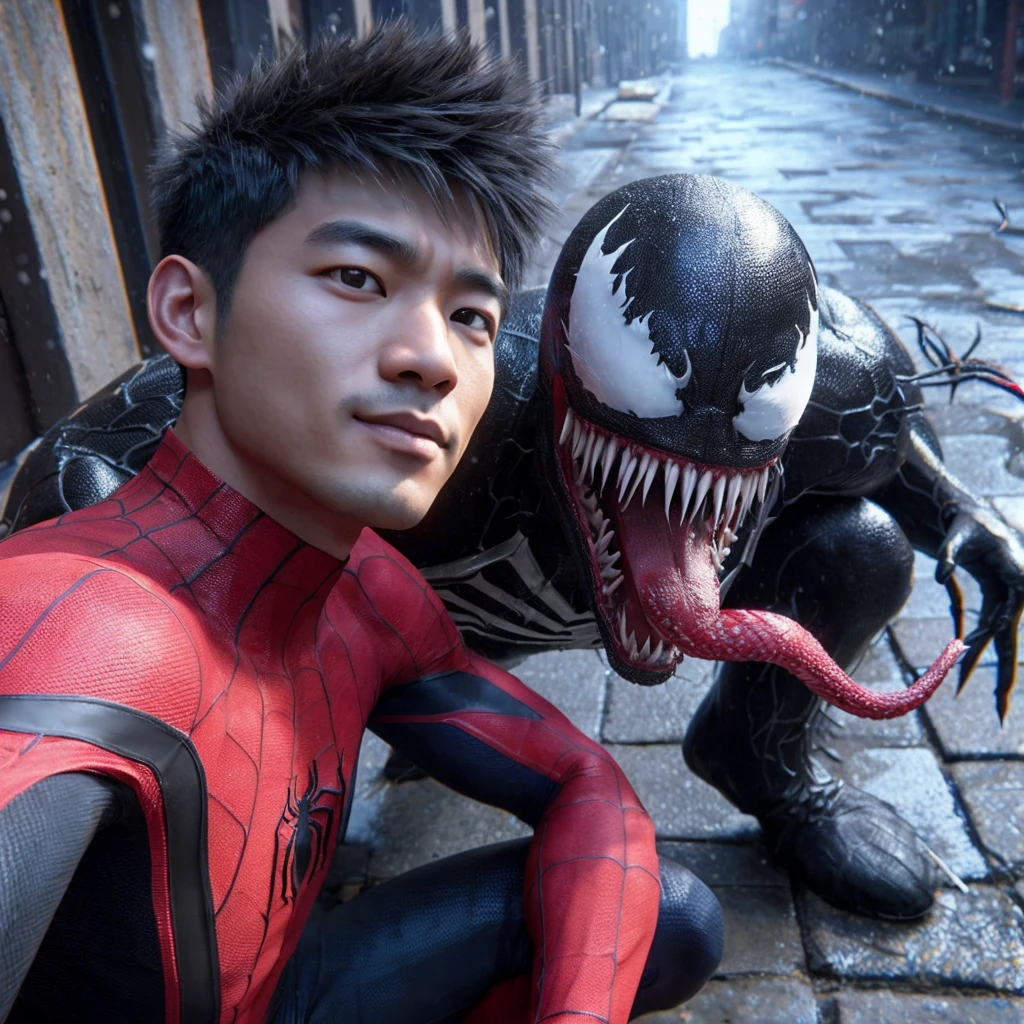 3d hyper realistic an asian man ,25 years old, short and spiky hair wearing a spiderman costume is taking a selfie with a black creature called venom on a dirty sidewalk , with snowfall ,4k,UHD,cinematic,ultra realistic