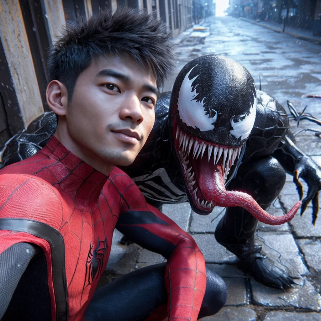 3d hyper realistic an asian man ,25 years old, short and spiky hair wearing a spiderman costume is taking a selfie with a black creature called venom on a dirty sidewalk , with snowfall ,4k,UHD,cinematic,ultra realistic