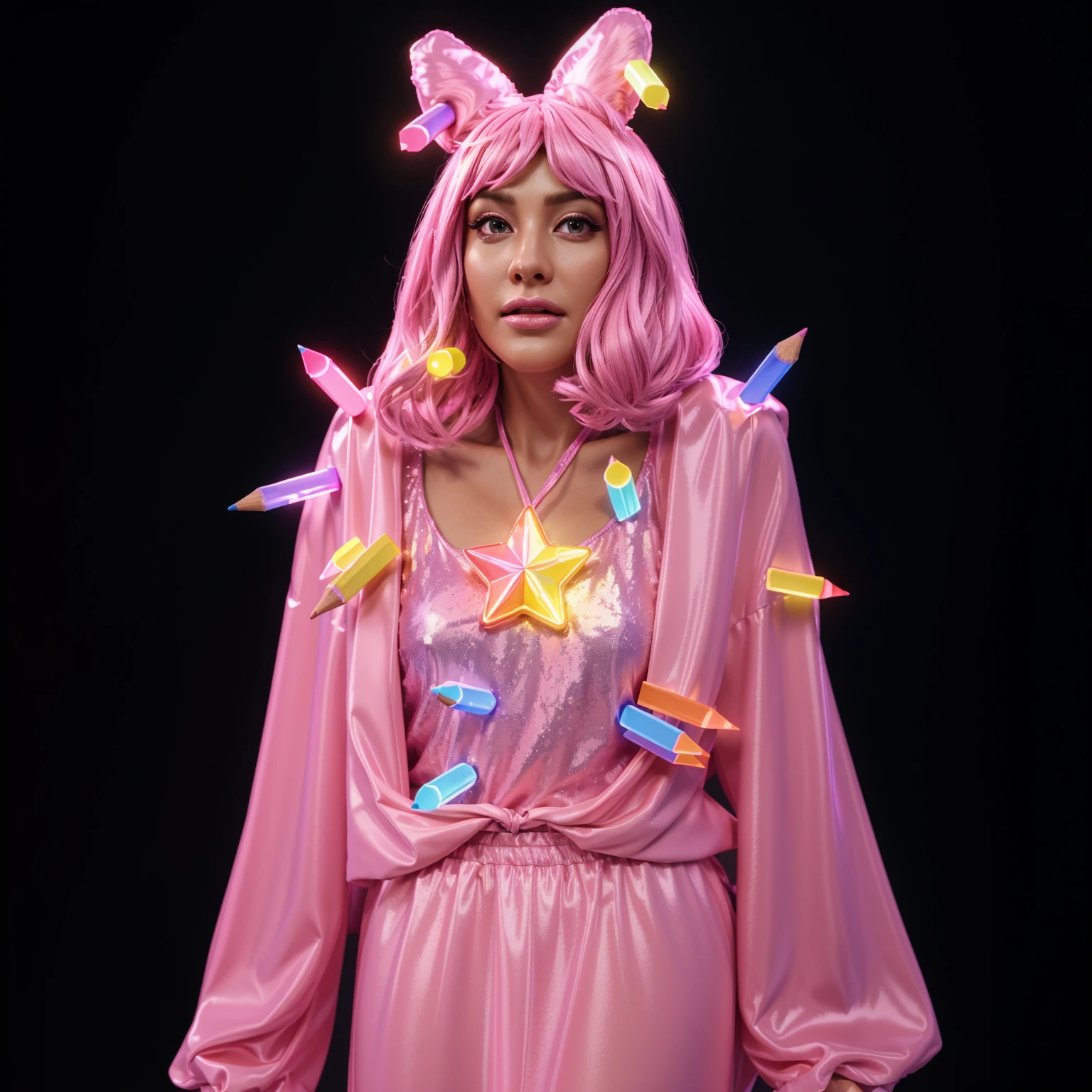  The image shows a woman with a pink wig, wearing a pink clothes, and a yellow star on her neck, there's coloured pencils sticking out of her clothes, smooth 3d model, glossy plastic texture, multiple light sources, rim light, sharp post effects render, most beautiful vfx, , realistic, 4k, high resolution, rim light, smooth 3d model. ,  glossy texture, smooth 3d model, multiple light sources, rim light, sharp post effects render, (glossy plastic texture with multiple big light probe refractions), perfect cgi,   reflective, best quality, 4k, masterpiece:1.2, ultra-detailed, realistic, vivid colors, The image of the highest quality, ensuring every detail showcased perfectly. It in 4k resolution, allowing viewers to immerse themselves in the richness of the colors and intricate details. The realistic rendering. under the spotlight, reflecting, high-resolution image, realistic rendering