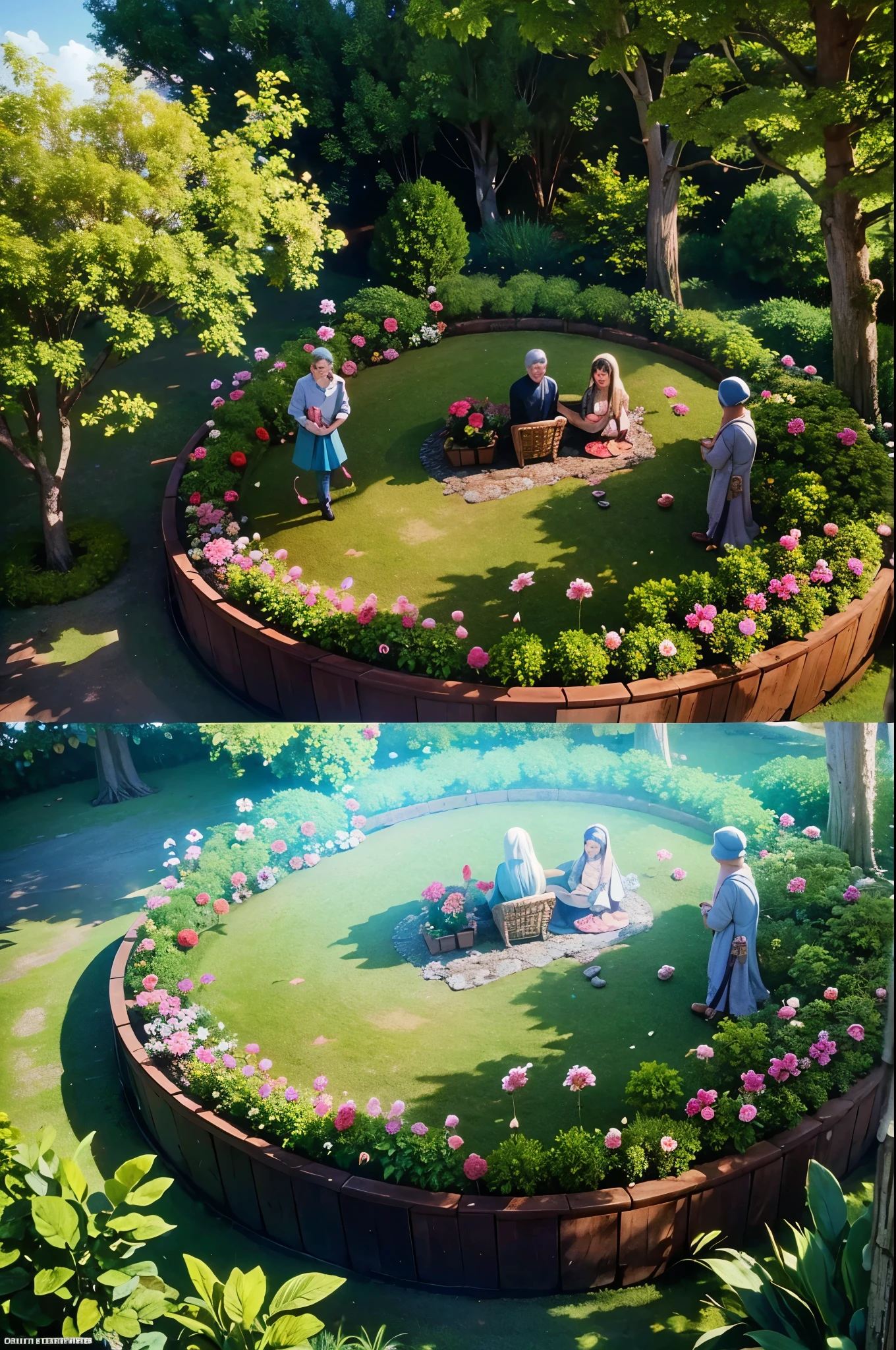create scenery of a garden full of people